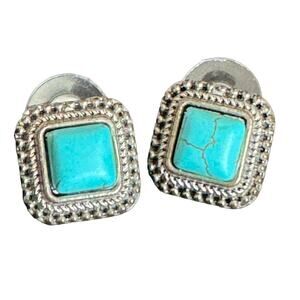 Square Faux Turquoise Silver Tone Post Stud Earrings